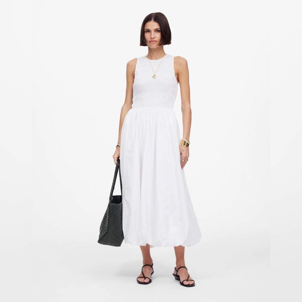 Madewell - The Melody Bubble-Hem Smocked Midi Dress in Poplin - White - NWOT